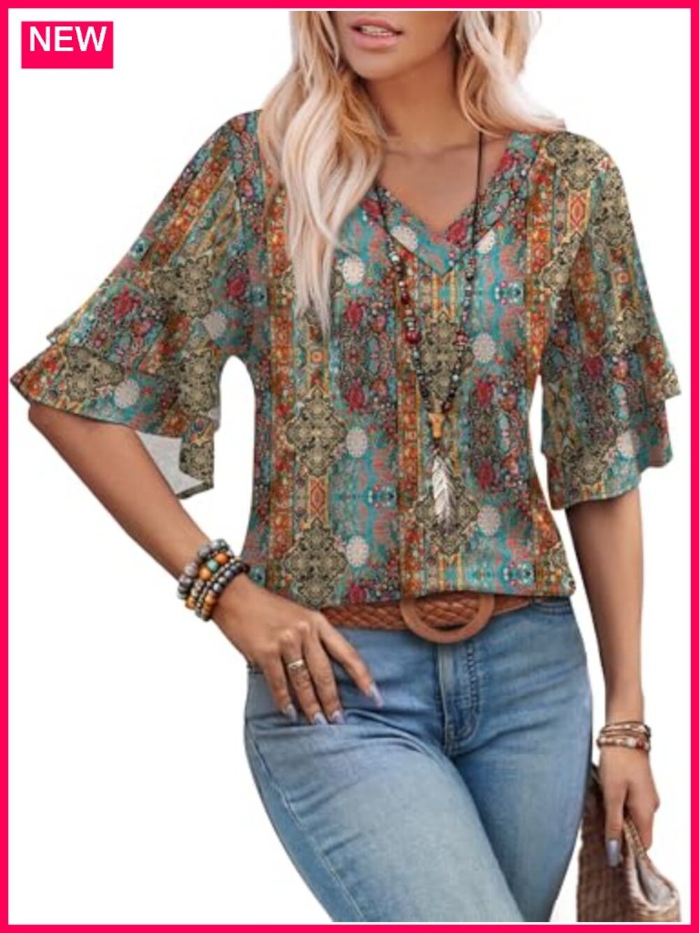 Women's 3/4 Sleeve V-Neck Blouse Bohemian Dressy Casual Summer Top